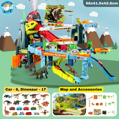 Dinosaur Winding Road Track Car Scene with Volcano Eruption Adventure Tunnel Electric Track
