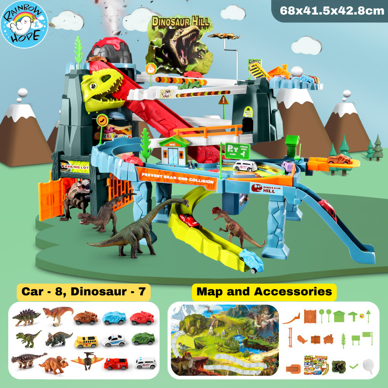 Dinosaur Winding Road Track Car Scene with Volcano Eruption Adventure Tunnel Electric Track