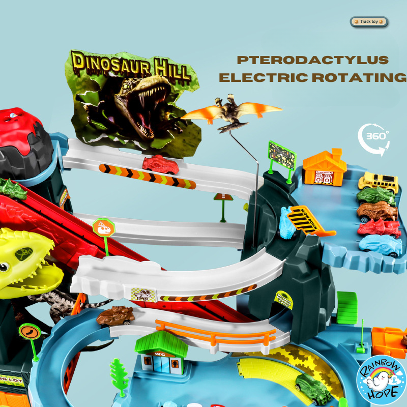 Dinosaur Winding Road Track Car Scene with Volcano Eruption Adventure Tunnel Electric Track