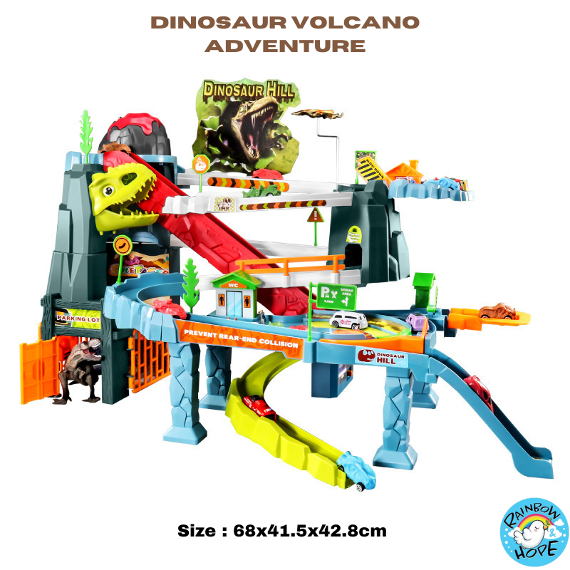 Dinosaur Winding Road Track Car Scene with Volcano Eruption Adventure Tunnel Electric Track