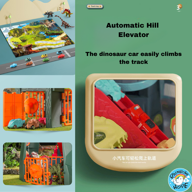 Dinosaur Winding Road Track Car Scene with Volcano Eruption Adventure Tunnel Electric Track